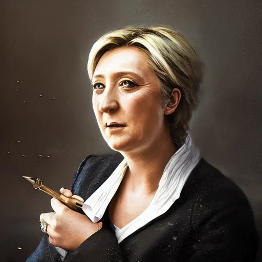 Image similar to Portrait of Marine le Pen , french revolution, amazing splashscreen artwork, splash art, head slightly tilted, natural light, elegant, intricate, fantasy, atmospheric lighting, cinematic, matte painting, detailed face, by Greg rutkowski