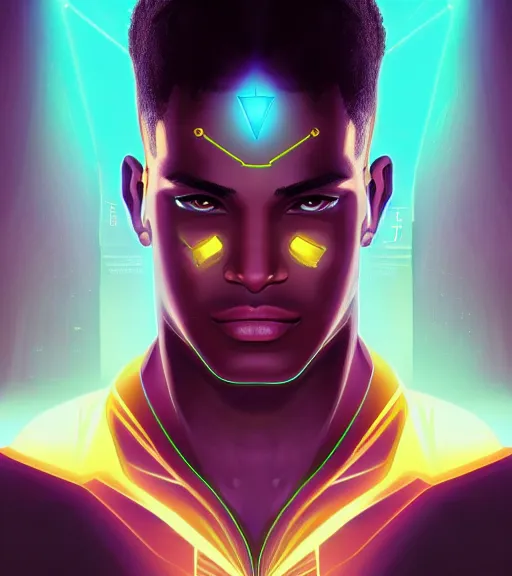 Image similar to symmetry!! egyptian prince of technology, solid cube of light, hard edges, product render retro - futuristic poster scifi, lasers and neon circuits, brown skin man egyptian prince, intricate, elegant, highly detailed, digital painting, artstation, concept art, smooth, sharp focus, illustration, dreamlike, art by artgerm