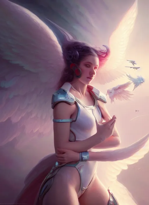 Prompt: portrait of beautiful angel girl with white wings in space, godlike, heavenly, 3 d render, hyper realistic detailed, scifi, fantasy, octane render, concept art, peter mohrbacher, artgerm, ruan jia, wlop, cyberpunk, dynamic lighting, detailed body, detailed face