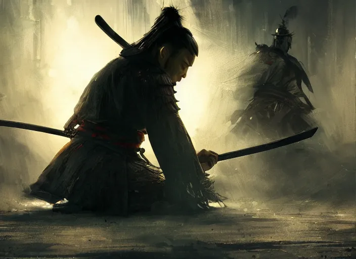 Image similar to samurai is on his knees, there is chaos around, volumetric lighting, digital painting, highly detailed, artstation, sharp focus, illustration, concept art, ruan jia, steve mccurry, amazing composition, gothic arch frame