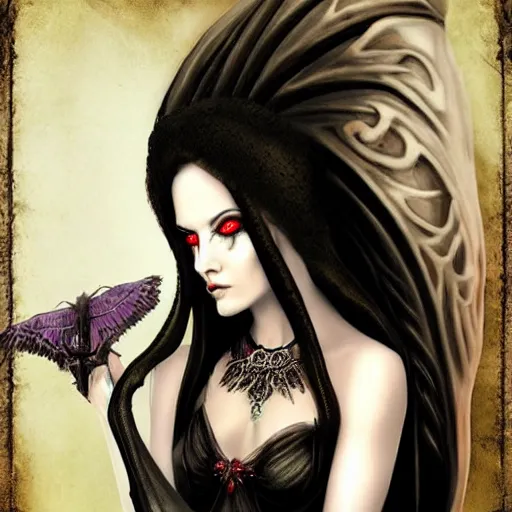 Image similar to candid photographic portrait, goddess of death, by anne stokes