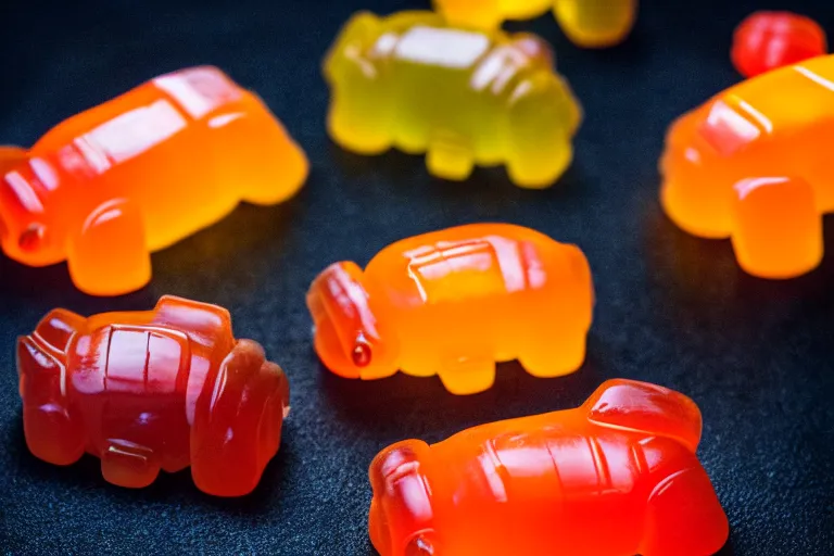 Image similar to haribo gummy tardigrades, food photography, dramatic lighting, candles