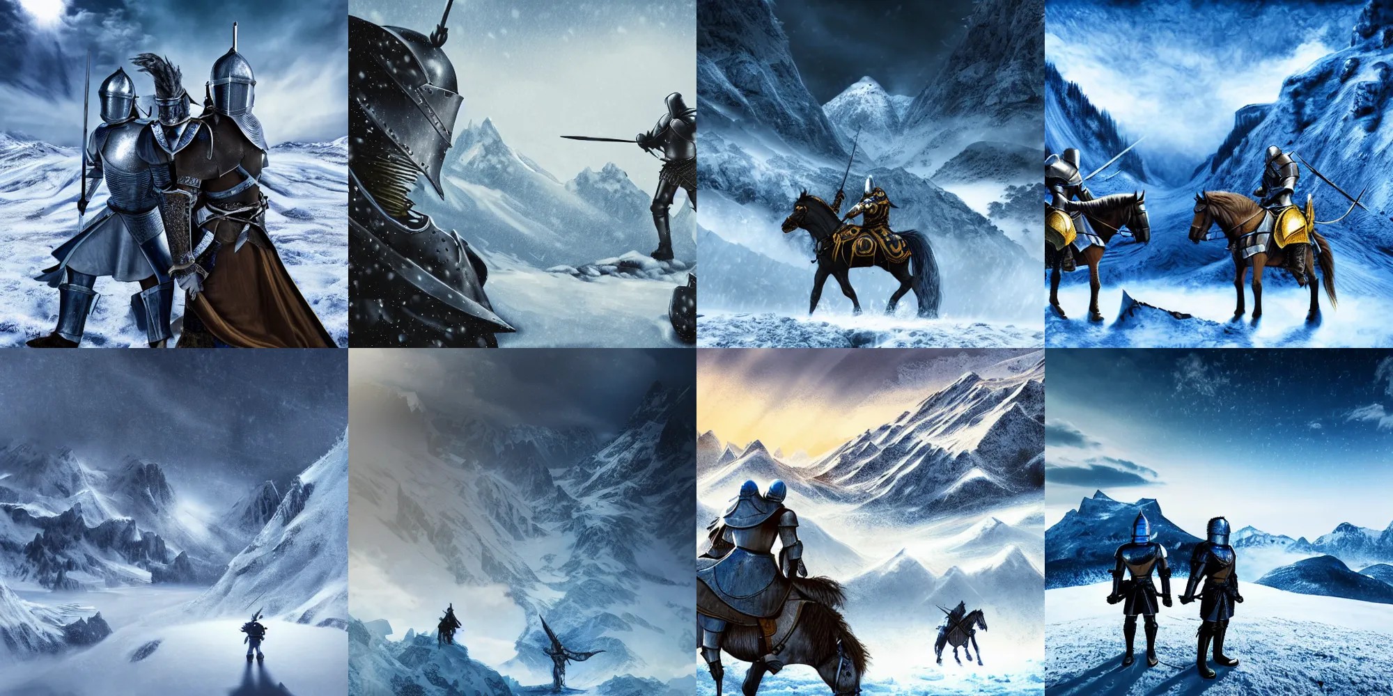 Prompt: a knight in golden armor facing another knight in black armor on a snowy mountain, blue sky in the background, blue white grey colours, digital art, very dramatic, threatening, overhead view, dangerous, cold lighting, detailed, 4k