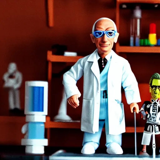 Image similar to albert hofmann wearing a lab coat in his laboratory, stop motion vinyl action figure, plastic, toy, butcher billy style