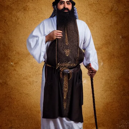 Image similar to middle aged man, dark complexion, well trimmed beard, middle ages middle eastern clothing, portrait full body view, middle easter contemporary artstyle