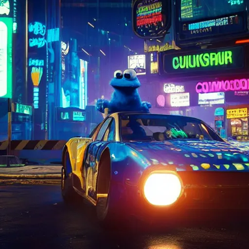 Image similar to cookie monster in cyberpunk 2 0 7 7 unreal engine 5 8 k hyperdetailed