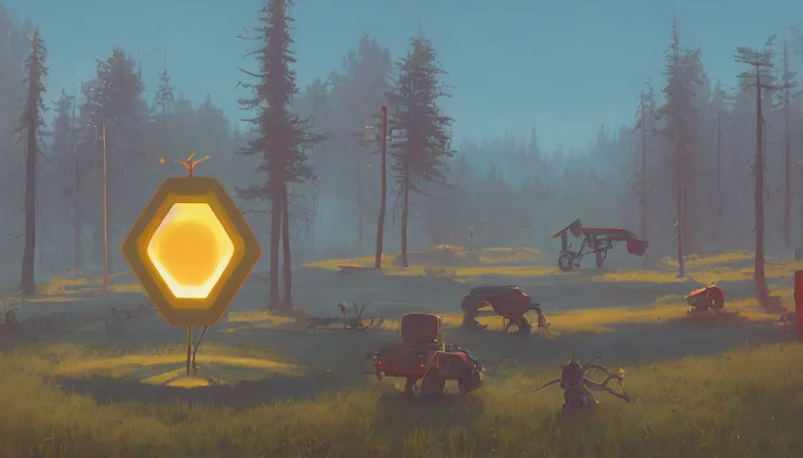 Image similar to hexagon shield blocking the sun, simon stalenhag