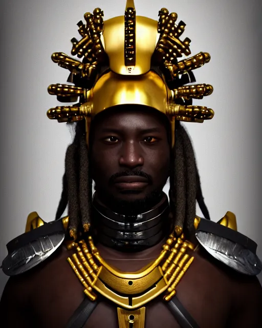 Prompt: fully armored african samurai, unreal engine 5, dreadlocks, man, blender, symmetrical ,portrait, atmosphere, dark brown skin, gold teeth, chrome reflective visor, gold beads, depth of field, landscape, lush, ultra realistic, cinematic, macro, artstation, megascan, elegant, epic, Quixel, weta digital, focus, octane render, v-ray, 8k, art by Sonia Delaunay