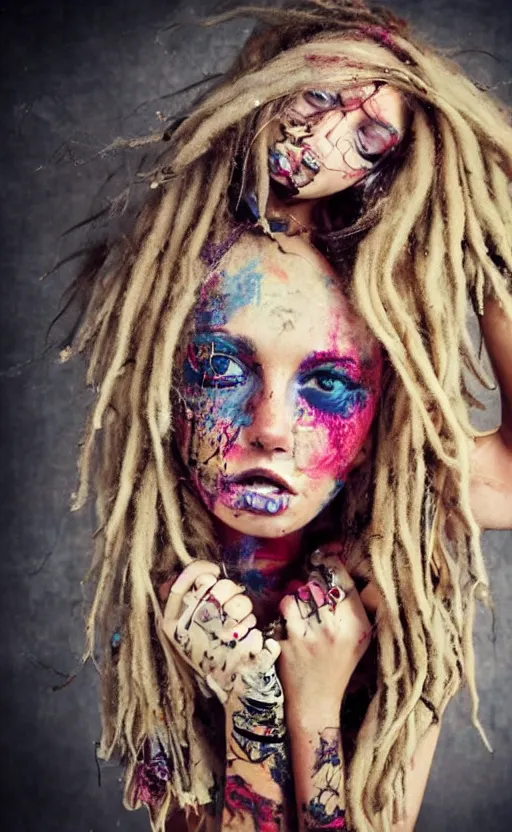 Prompt: astonishingly beautiful woman in tattered clothes, revealing body, blonde thin dreadlocks, make up, hippie chick, punk, rock chick, vivid colors, magazine shot, photo realistic