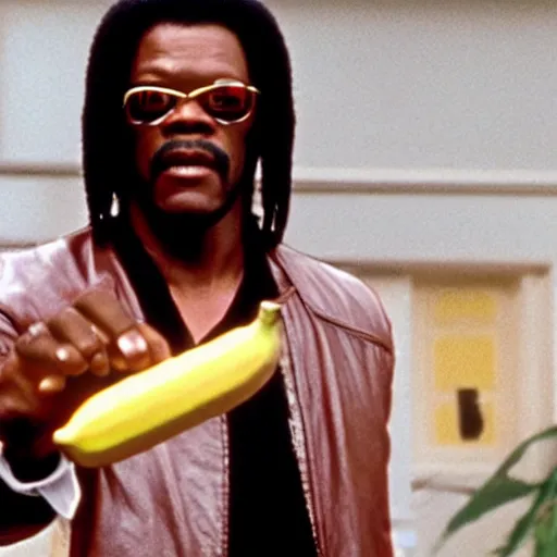 Image similar to samuel lee jackson as jules winnfield pointing a banana as a weapon, pulp fiction, 8 k