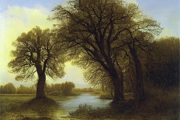 Image similar to painting of a old tree next to a meandering river by alexei savrasov