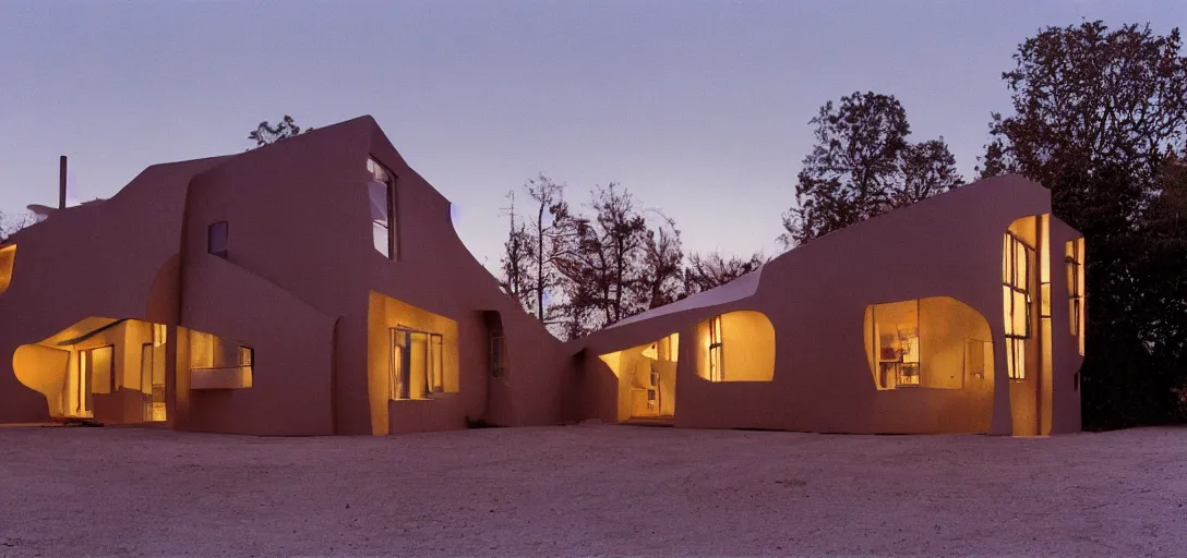 Prompt: house designed by ivan albright at sunset. fujinon premista 1 9 - 4 5 mm t 2. 9. portra 8 0 0.