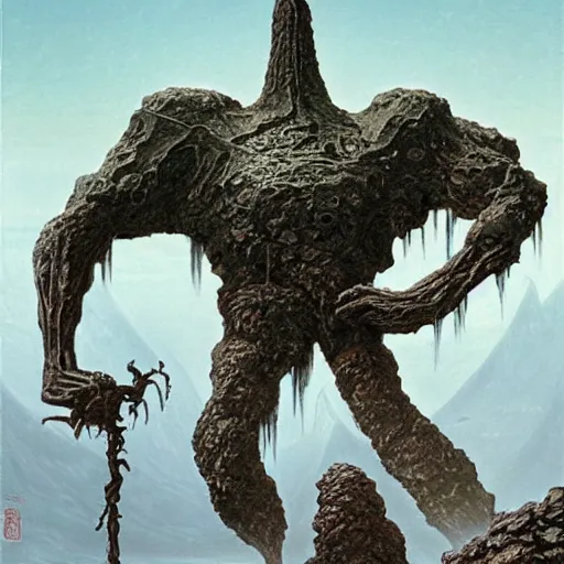 Image similar to concept art of a slender giant fractal golem, elegant, day time, foreboding, fantasy, valley, wayne barlowe