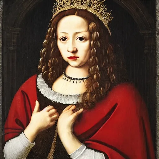 Image similar to a wolf wearing a crown and cape, renaissance style portrait painting, dark background