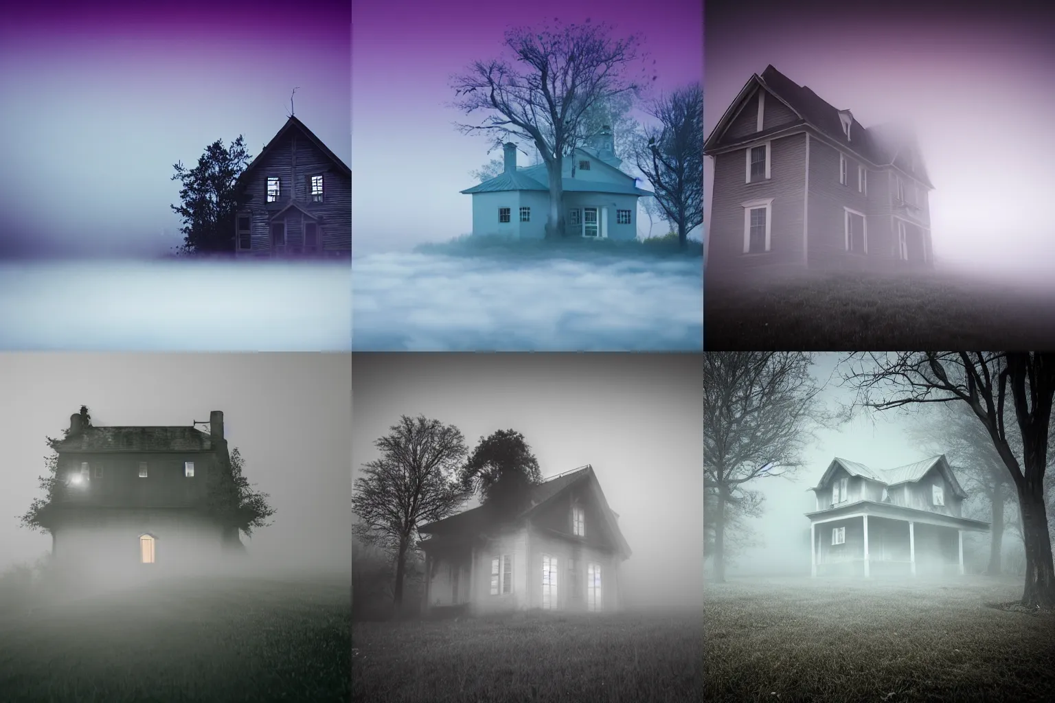 Prompt: mysterious old house surrounded by fog, scared demons around it. neon