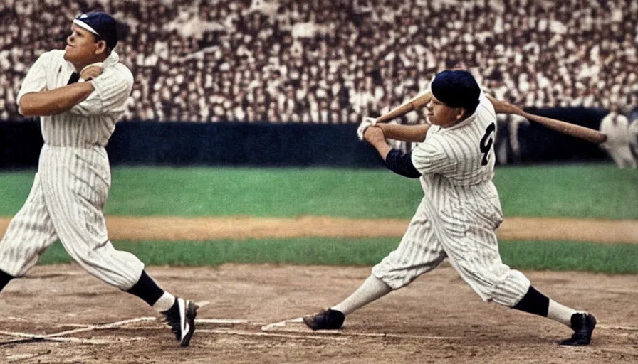 Image similar to babe ruth at bat, playing for 2012 new york yankees on a 4k tv broadcast