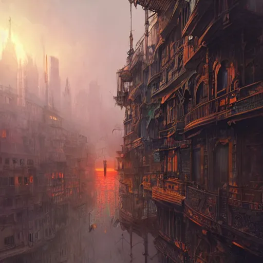 Image similar to steampunk city, sunrise, landscape, intricate, detailed, volumetric lighting, scenery, photorealistic, highly detailed, artstation, sharp focus, illustration, concept art, ruan jia, steve mccurry