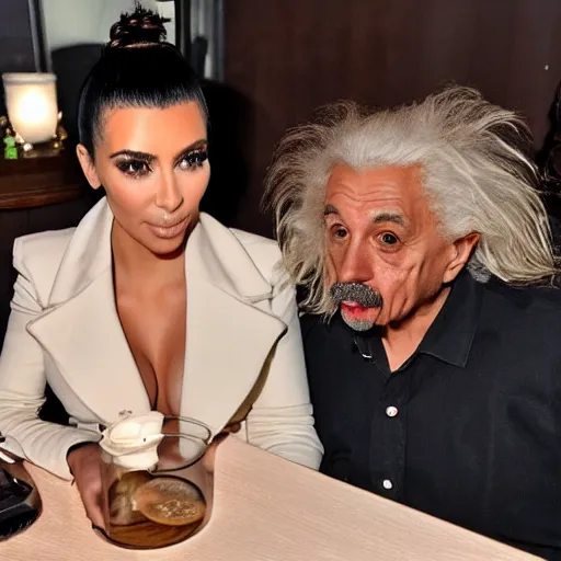 Prompt: paparazzi photo of kim kardashian on a date with einstein, wide angle, fisheye, uhd, 8k, award winning,