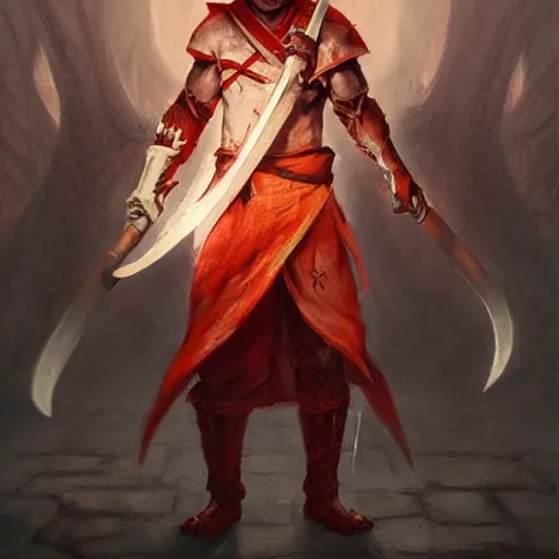 Image similar to a portrait of a red - skinned dragonborn monk with draconic face, in a plain white monk's robe white robe, holding a long spear with a black tip, fantasy art by greg rutkowski