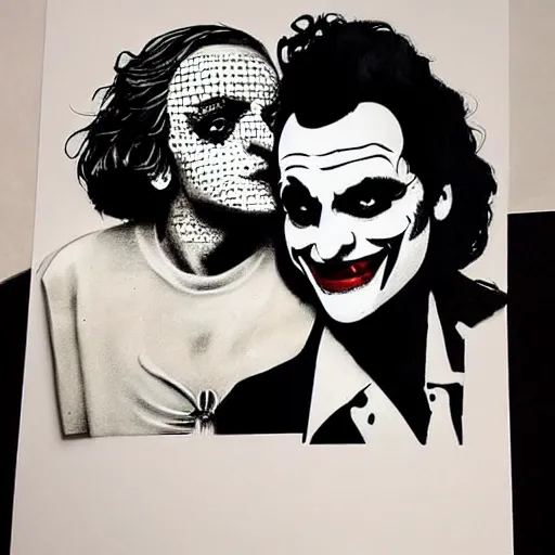 Image similar to mimmo rottela and banksy as joaquin phoenix skinny joker holding hand lady gaga harley queen, photorealistic, intricate details, pop art style, baroque, hyperdetailed, concept art