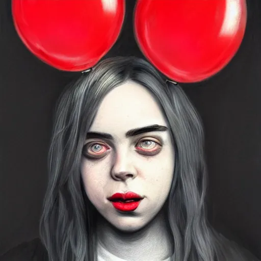 Prompt: surrealism grunge cartoon portrait sketch of billie eilish with a wide smile and a red balloon by - michael karcz, loony toons style, batman style, horror theme, detailed, elegant, intricate