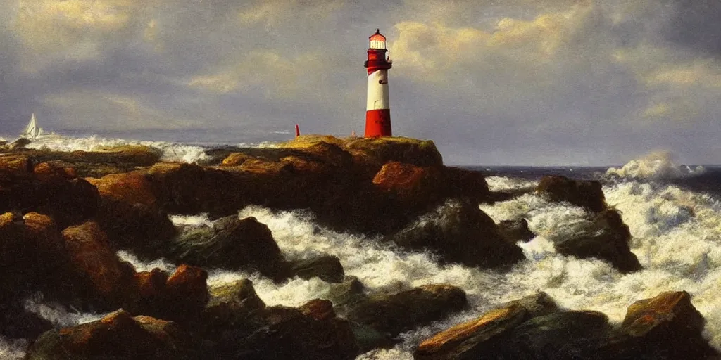 Prompt: landscape of a lighthouse in a rough sea, well lit, detailed, cinematic lighting, pre - raphaelite, oil painting