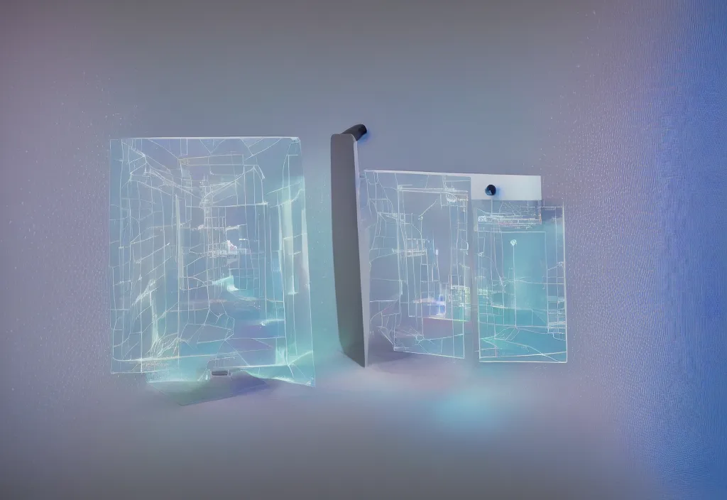 Image similar to curved transparent holograms, volumetric lighting, bedroom, visor, users, pair of keycards on table, bokeh, creterion collection, shot on 7 0 mm, instax