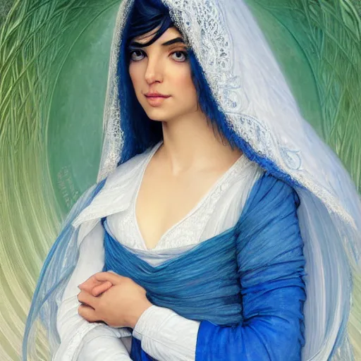 Image similar to portrait of ameera al taweel, bright blue eyes, long wavy black hair, white veil, front , highly detailed, digital painting, artstation, concept art, smooth, sharp focus, illustration, ArtStation, art by artgerm and greg rutkowski and alphonse mucha and J. C. Leyendecker and Edmund Blair Leighton