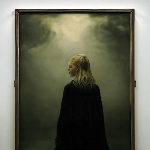 Image similar to silhouette of Elle Fanning in the world of Andrew Wyeth, stormy weather, extremely detailed masterpiece, oil on canvas, low-key neon lighting, artstation, Blade Runner 2049, Roger Deakin’s cinematography, by J. C. Leyendecker and Peter Paul Rubens,