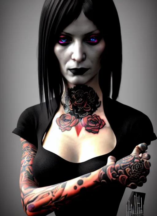 Prompt: a woman with tattoos is posing for a picture, cyberpunk art by bernardino mei, zbrush central, gothic art, daz 3 d, goth, dark and mysterious