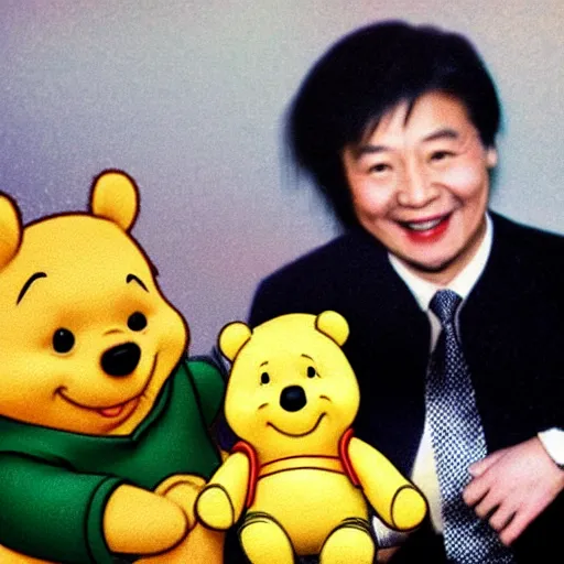 Image similar to polaroid photograph and ccp president xi jing ping pictured with winnie the pooh