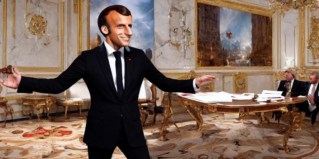 Image similar to emanuel macron hacking his way to illuminati council, freemason, epic, esoteric, matte painting, ultra detailled, conspiracy, reptilians