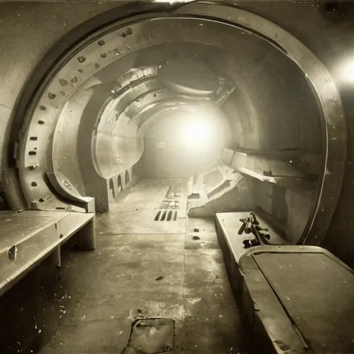 Image similar to year 1930, inside an empty ussr submarine, foggy and dark with littles light beams coming from many holes, in metal walls, photorealism 8k, cinematic, high details, neat