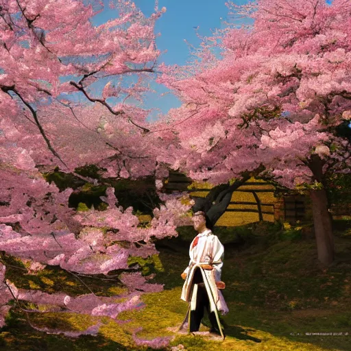 Prompt: samurai standing under a blossom tree