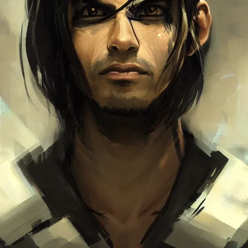 Image similar to anime portrait of a cyborg man by greg rutkowski, he is about 3 0 years old, indian, very tall and slender, messy long black hair, he is wearing a black t - shirt, highly detailed portrait, digital painting, artstation, concept art, smooth, sharp foccus ilustration, artstation hq