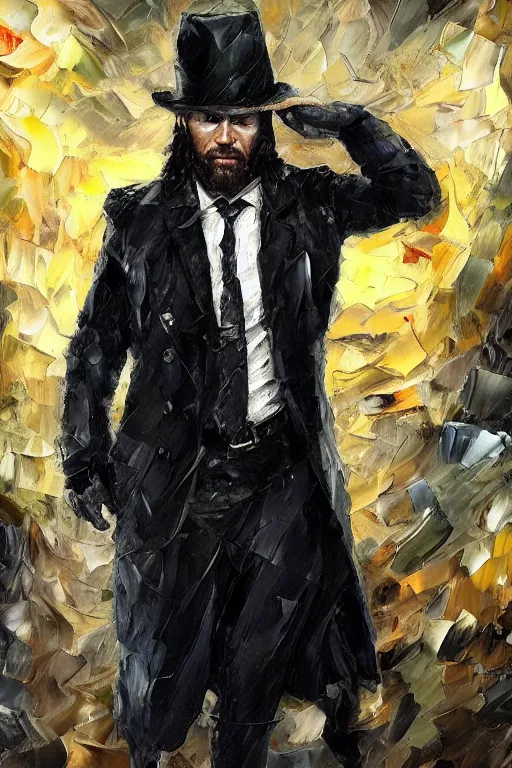 Image similar to palette knife oil painting of the norse god tyr as a noir detective wearing a fedora and a trenchcoat, with one hand missing. extreme detail. artstation trending, any racial background, artgerm, deviant art, octane, substance, art history 8 k