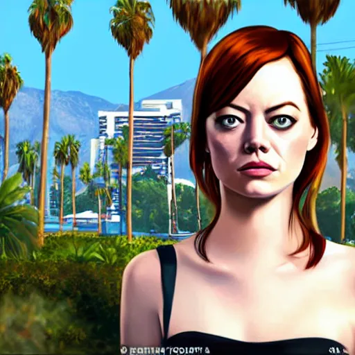Image similar to Emma Stone in GTA V. Los Santos in the background, palm trees. In the art style of Stephen Bliss