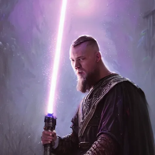 Prompt: Ragnar Lothbrok wielding a purple lightsaber, by Greg Rutkowski and Thomas Kinkade, trending on artstation 4k.