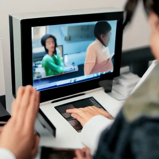 Prompt: A person using a computer watching themselves use a computer watching themselves use a computer