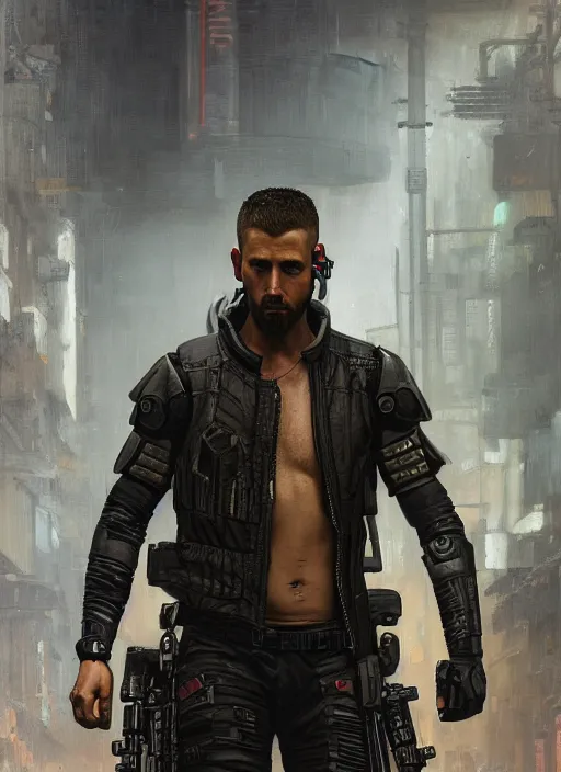 Prompt: rayne. cyberpunk mercenary in a military vest ( blade runner 2 0 4 9, cyberpunk 2 0 7 7 ). orientalist portrait by john william waterhouse and james gurney and theodore ralli and nasreddine dinet, oil on canvas. cinematic, hyper realism, realistic proportions, dramatic lighting, high detail 4 k