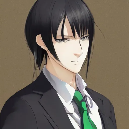 Image similar to full body portrait character concept art, anime key visual of decadent green long straight hair young anime male in black suit, green long straight hair and brown eyes, finely detailed perfect face studio lighting delicate features directed gaze, gapmoe kuudere grimdark, trending on pixiv fanbox, painted by greg rutkowski makoto shinkai takashi takeuchi studio ghibli