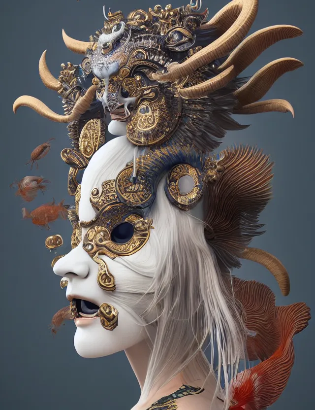 Image similar to 3 d goddess close - up frontal portrait with ram skull. beautiful intricately detailed japanese crow kitsune mask and clasical japanese kimono. betta fish, jellyfish phoenix, bio luminescent, plasma, ice, water, wind, creature, artwork by tooth wu and wlop and beeple and greg rutkowski