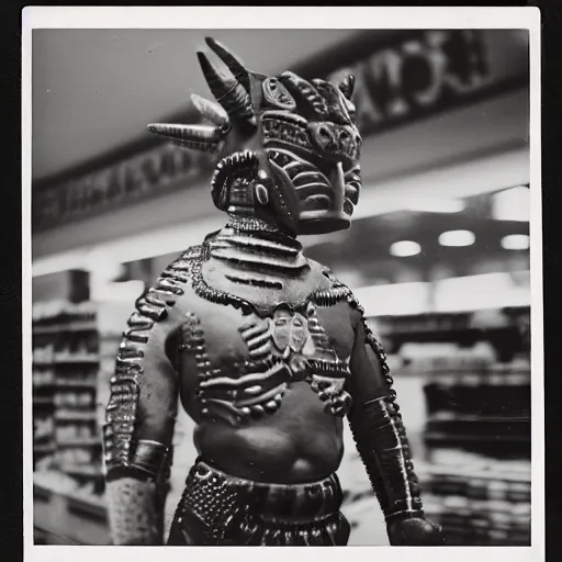 Image similar to low angle vintage photograph of a futuristic mayan jaguar warrior inside a grocery store, shallow depth of field, awkward, out of place, polaroid 6 0 0 color