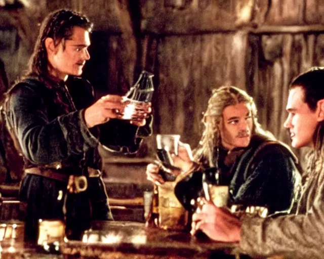 Image similar to Will Turner and Legolas drinking cola in the pub, film still, high detail