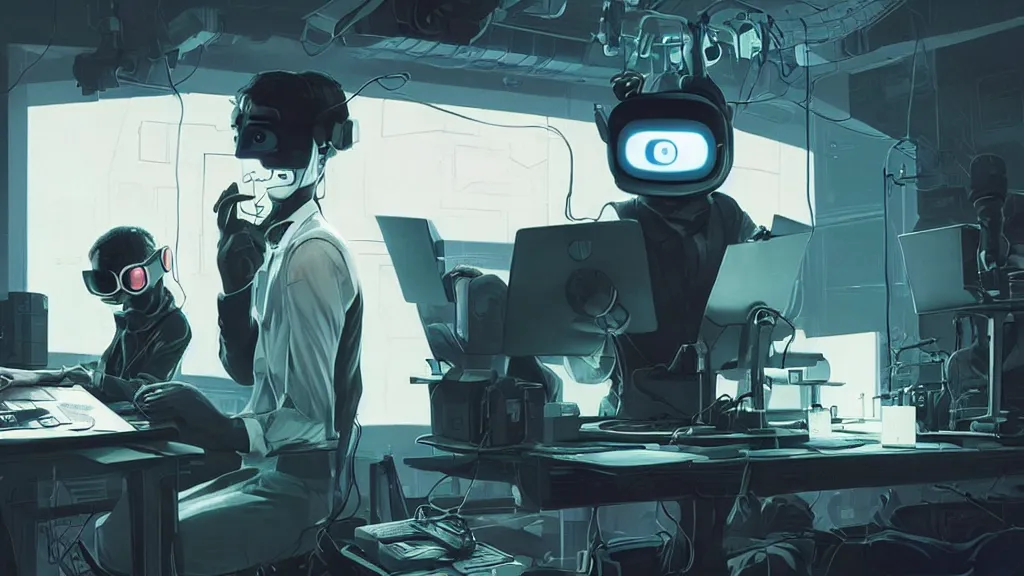 Prompt: hacker at a computer in a vr mask in a scifi movie, by jamie hewlett, nuri iyem, james gurney, james jean, greg rutkowski, anato finnstark. pixar. hyper detailed, 5 0 mm, perfect faces