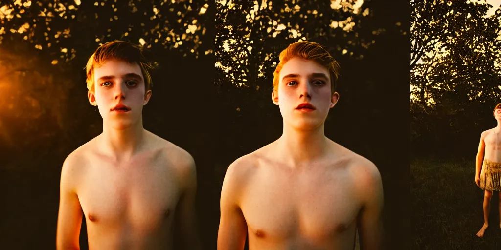 Prompt: handsome young man wearing a dress terror love pain joy fear moody lighting golden hour highly detailed sharp zeiss lens f 1 6 high contrast ryan mcginley