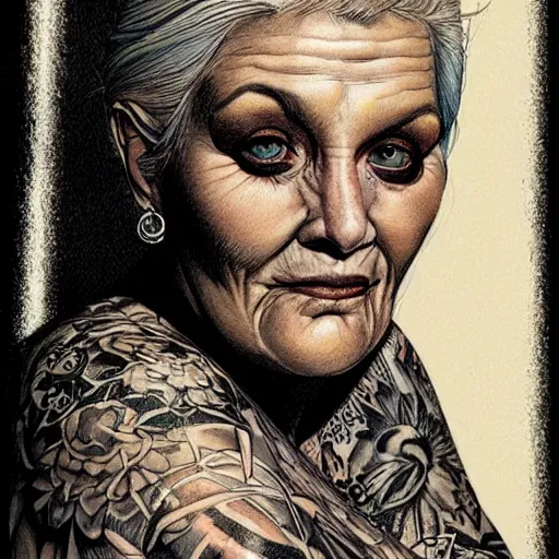 Image similar to a beautiful portrait of a heavily tattooed older woman Travis Charest style