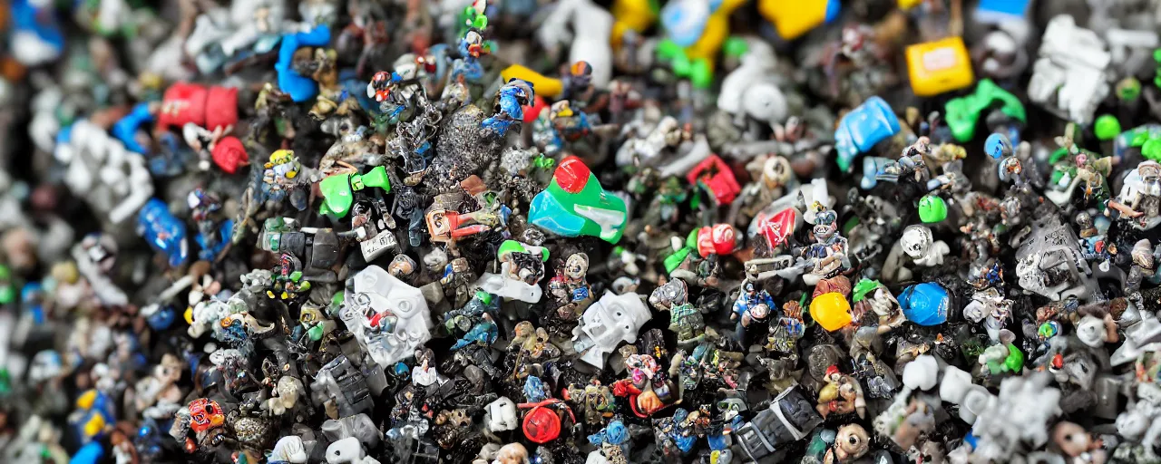 Prompt: a close up of a piece of plastiglomerate made from warhammer figures and xbox controllers, photographic, highly detailed