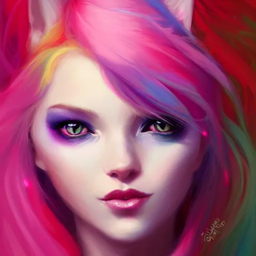 Image similar to colorful and festive cat with pink hair,. rich vivid colors, ambient lighting, dynamic lighting, 4 k, atmospheric lighting, painted, intricate, highly detailed by charlie bowater