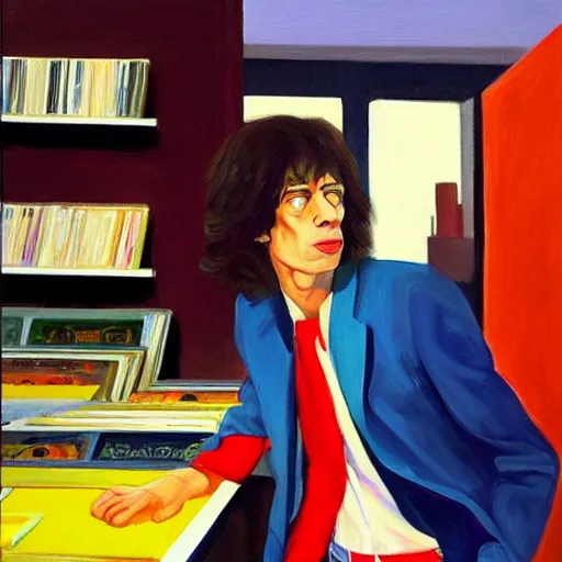 Image similar to a portrait painting of mick jagger working in a record store in 1 9 6 9, artistic, in the style of edward hopper